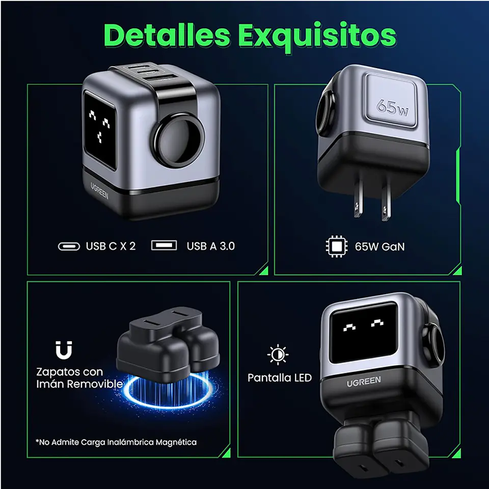 UGREEN CD361 | Cargador Nexode Robot GaN 65W 3 Puertos 5