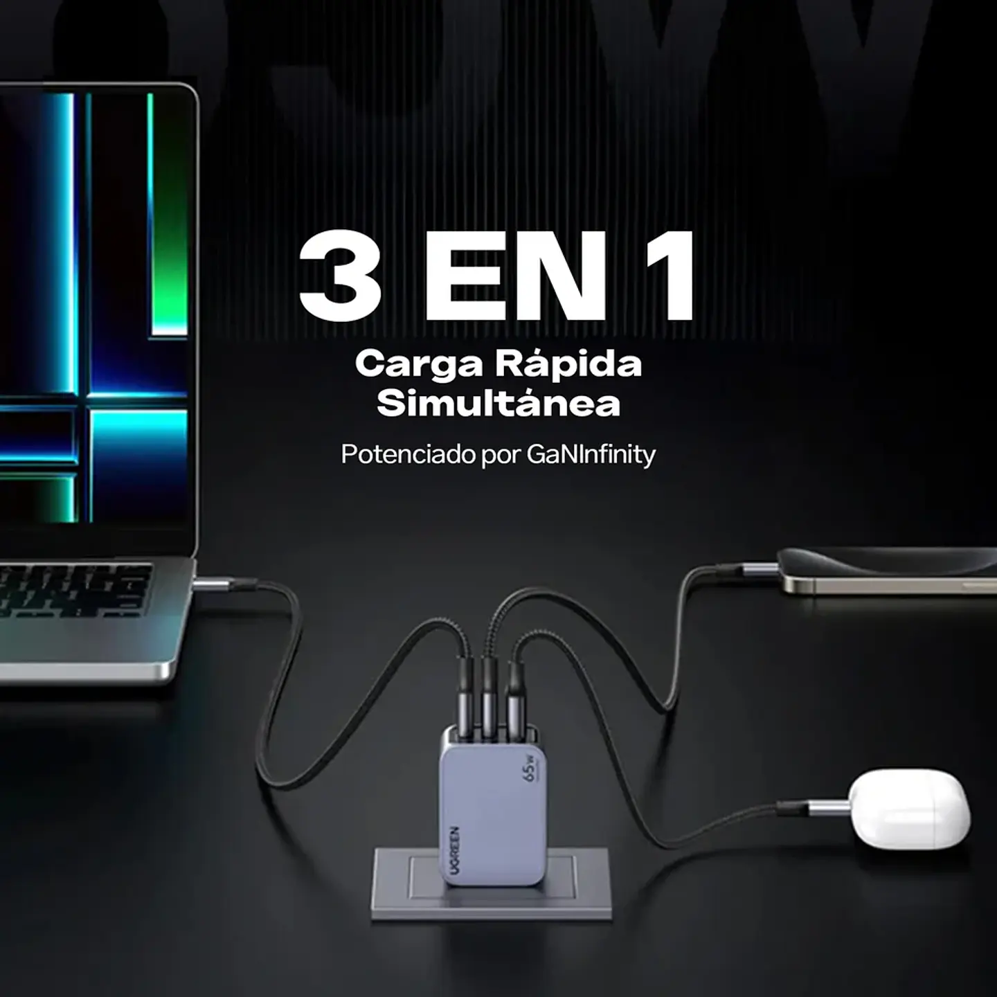 UGREEN X755 | Cargador Nexode Pro GaN 65W 3 Puertos 3