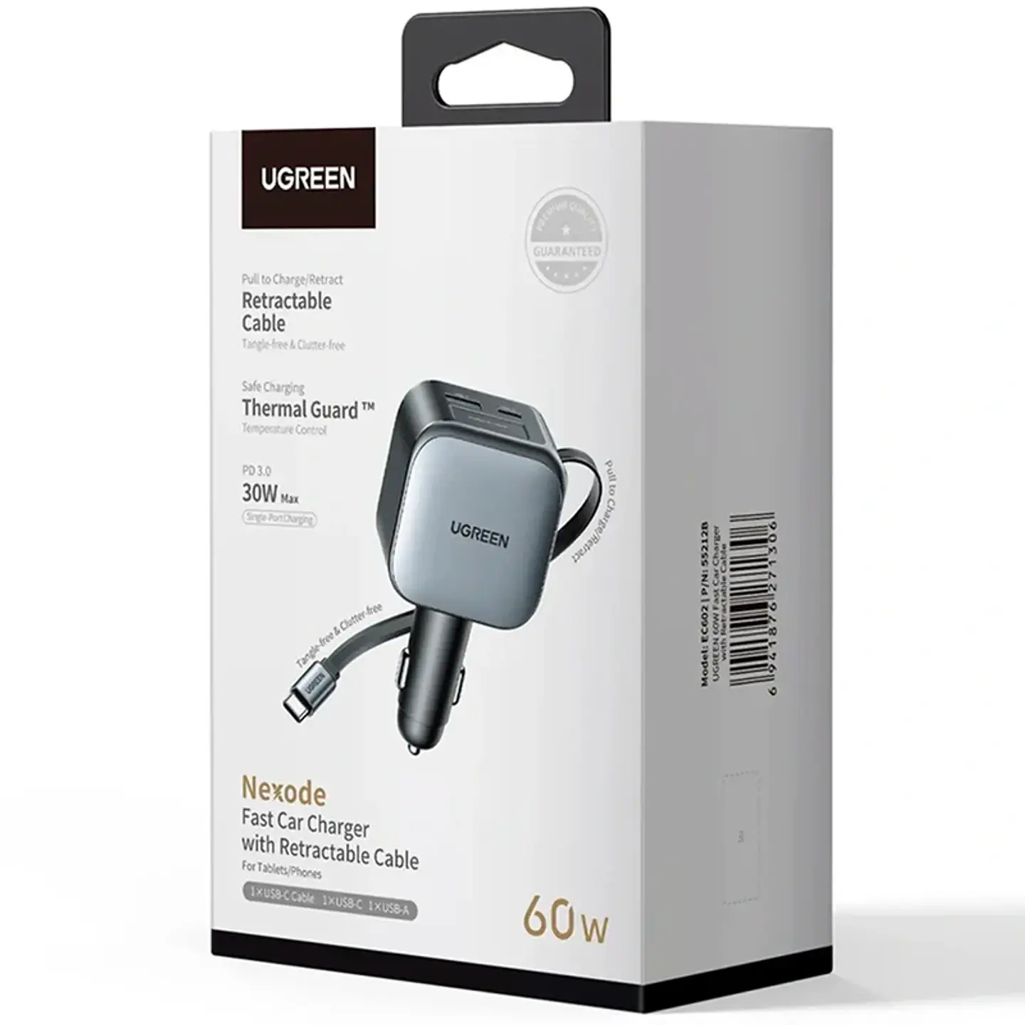 UGREEN EC602 | Cargador de Auto Nexode 60W con Cable USB-C Retráctil 3