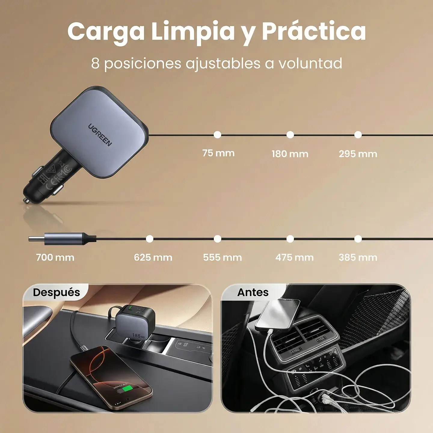 UGREEN EC603 | Cargador de Auto Nexode 90W con Cable USB-C Retráctil 4