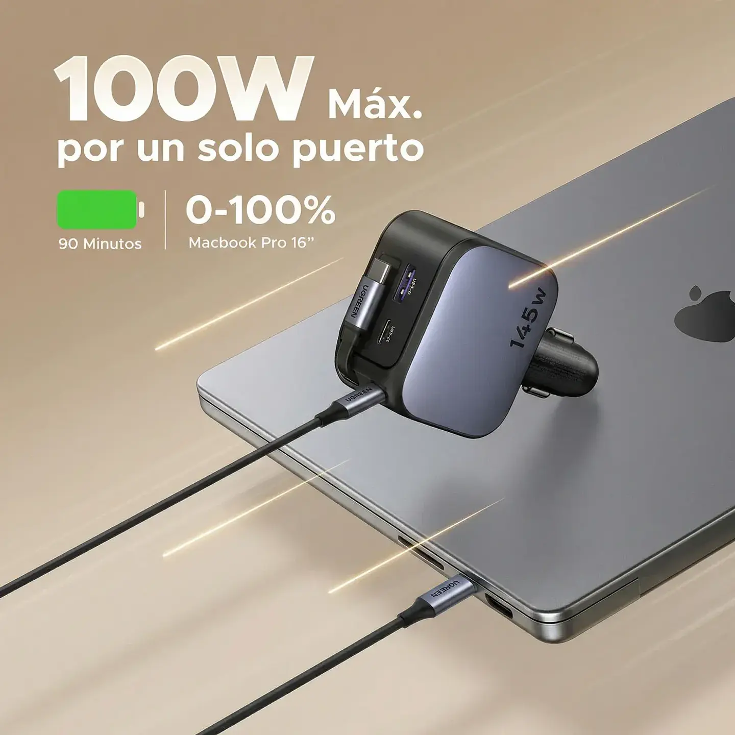 UGREEN EC604 | Cargador de Auto Nexode 145W con Cable USB-C Retráctil 2