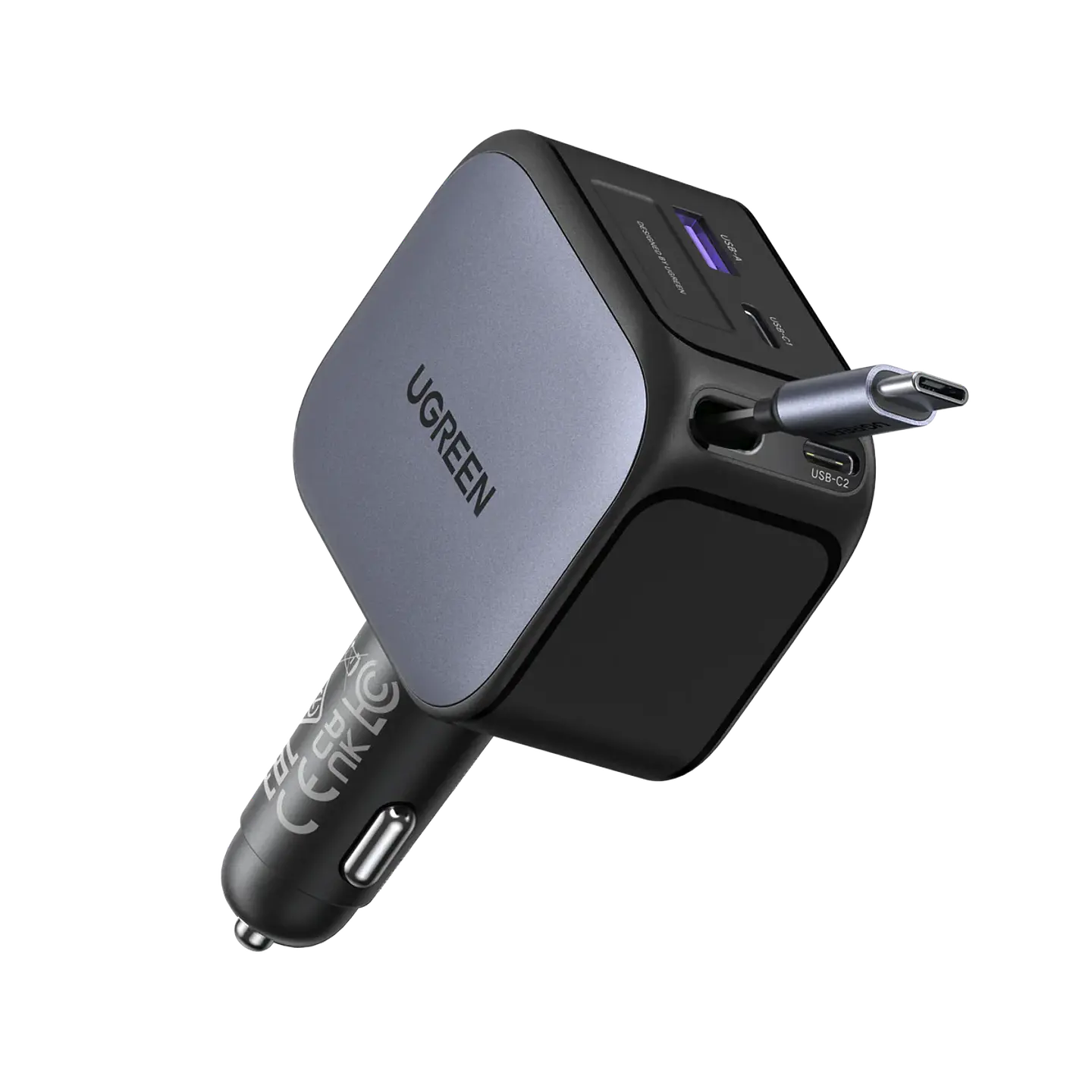 UGREEN EC604 | Cargador de Auto Nexode 145W con Cable USB-C Retráctil 1