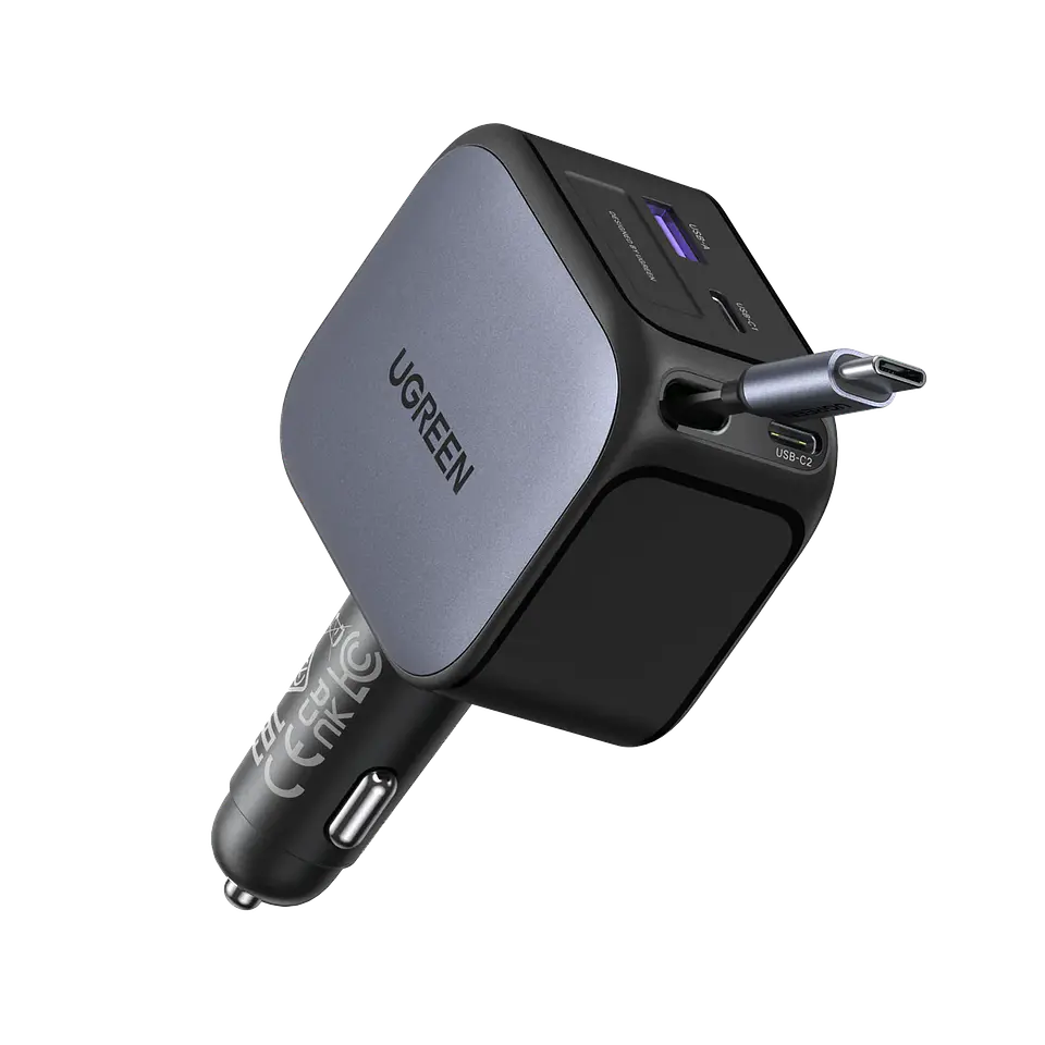 UGREEN EC604 | Cargador de Auto Nexode 145W con Cable USB-C Retráctil 1