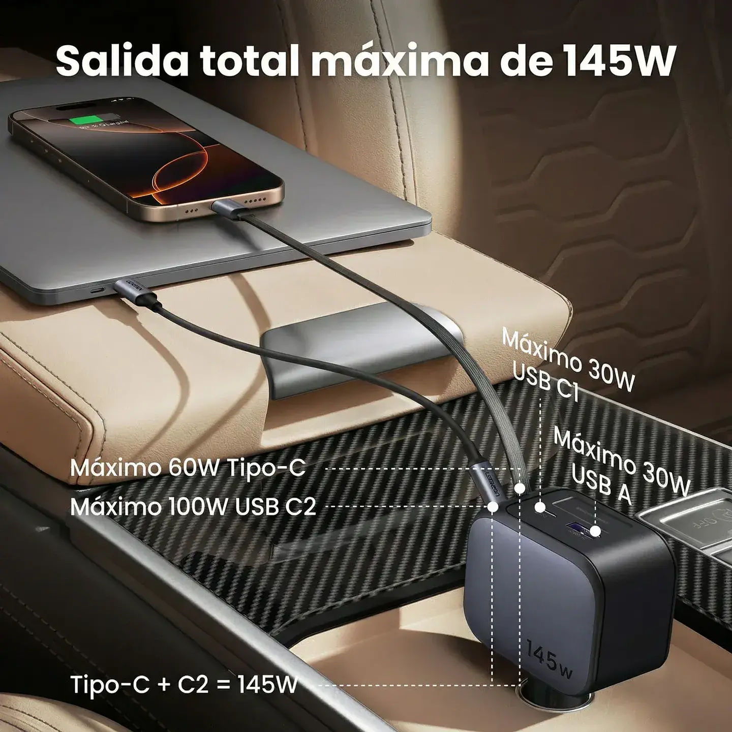 UGREEN EC604 | Cargador de Auto Nexode 145W con Cable USB-C Retráctil 4