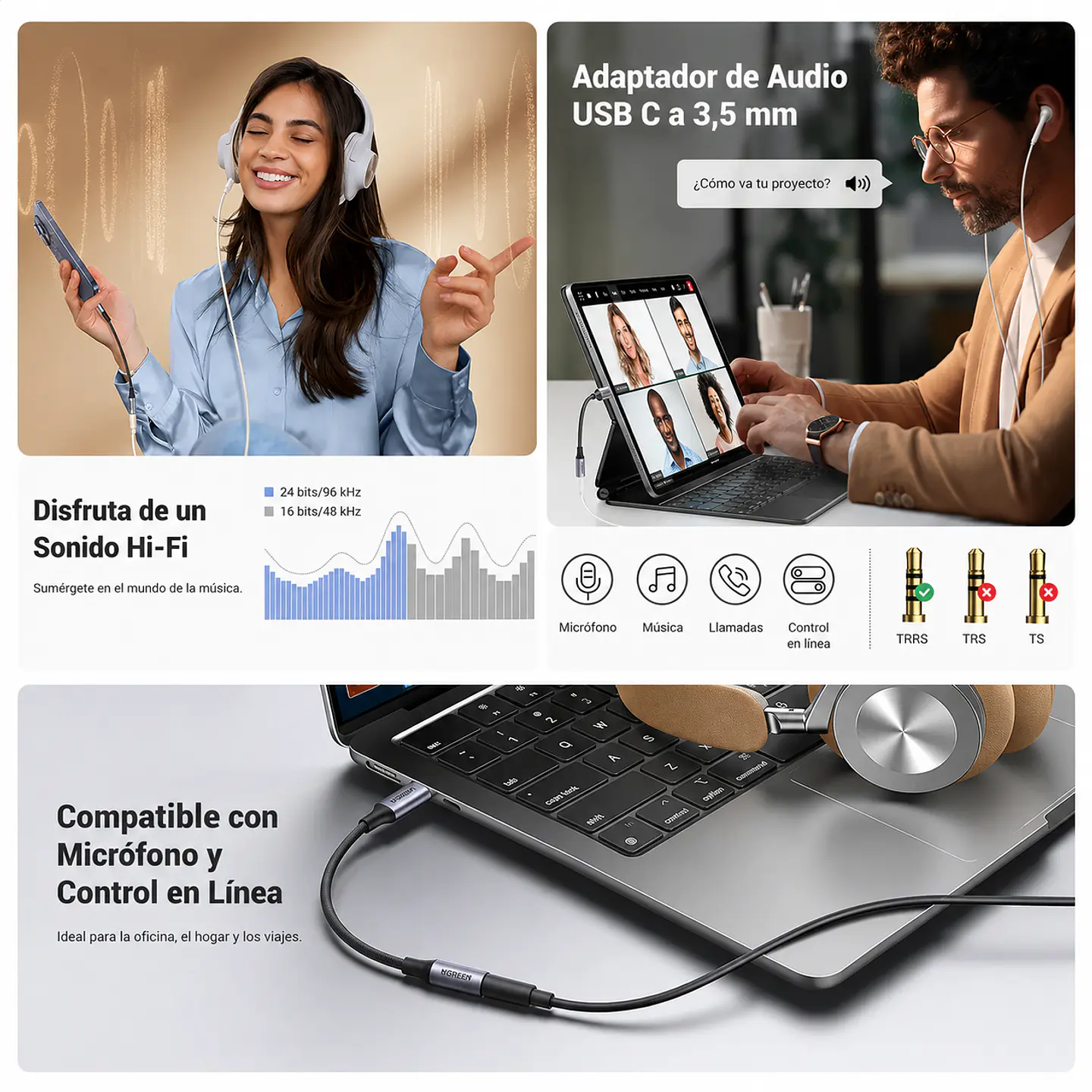 UGREEN AV161 | Adaptador UGREEN USB-C a Auxiliar 3.5mm para Audífonos 3