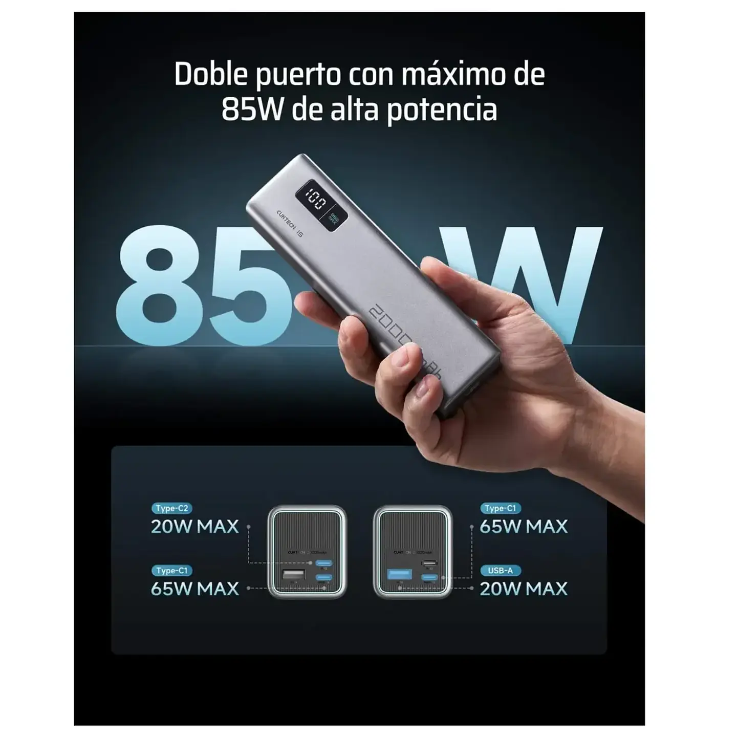 CUKTECH PB200 | Power Bank 20,000mAh 85W para Laptop, Celular y Tablet 4