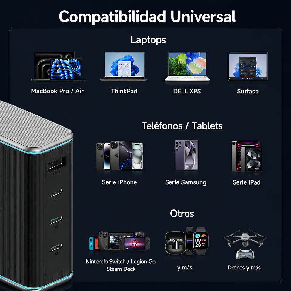 CUKTECH 140W GaN 3C1A | Cargador Rápido 4 Puertos con Cable USB-C 240W 5