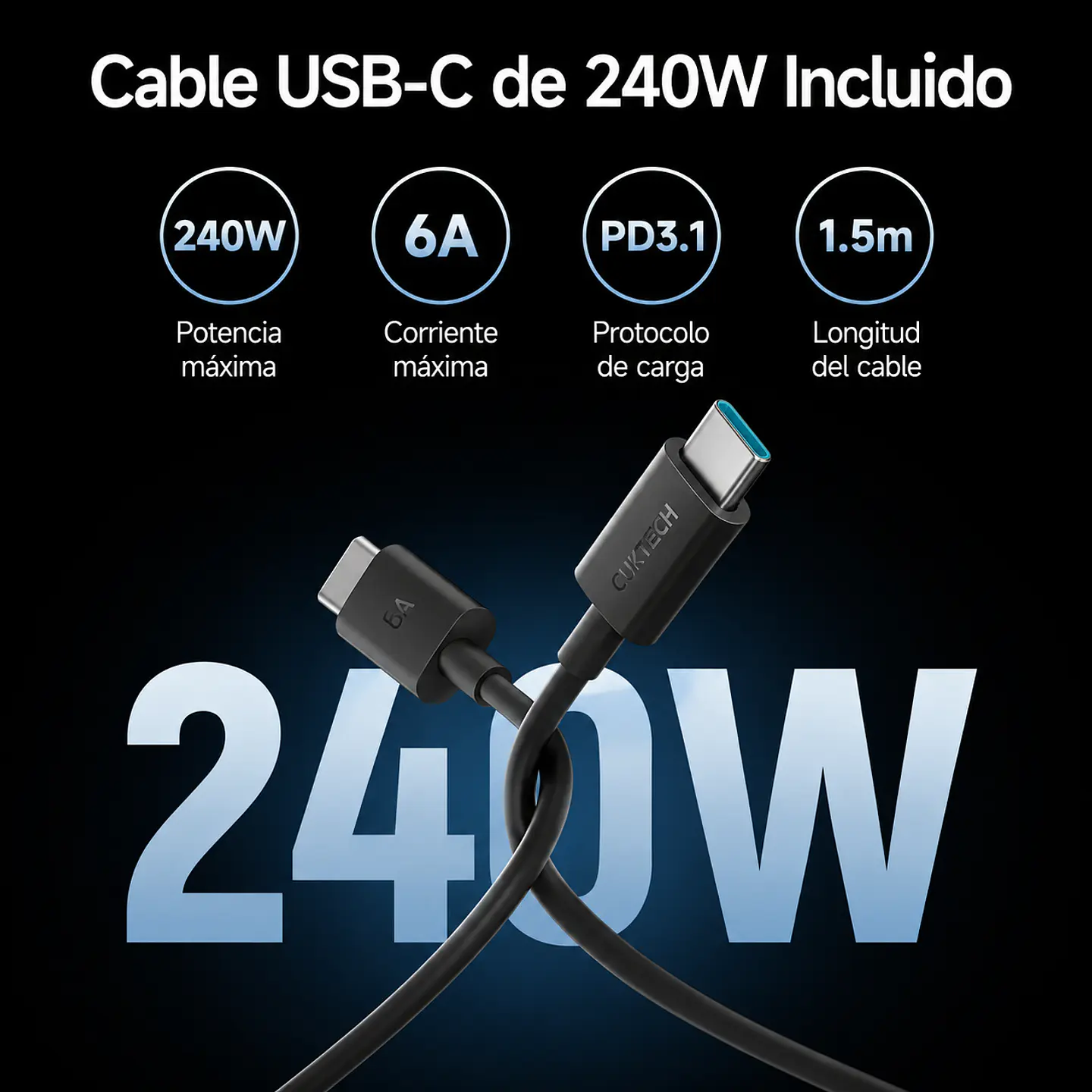 CUKTECH 140W GaN 3C1A | Cargador Rápido 4 Puertos con Cable USB-C 240W 6