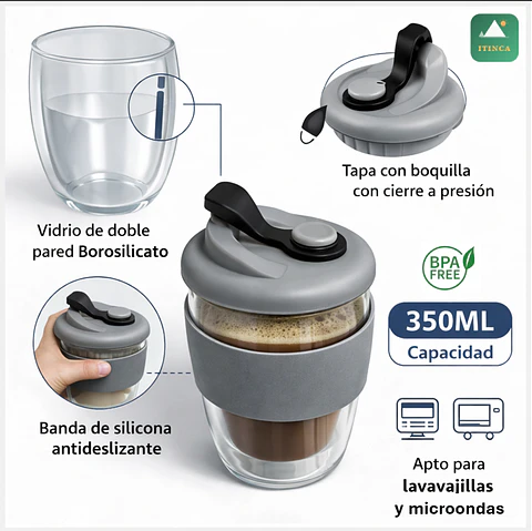 Taza Mug Café Doble Pared Vidrio Borosilicato Java 350ml