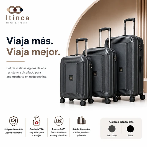 Maleta de Viaje Tres Cruces PP TSA | Cabina 10 kg, Mediana 20 kg y Grande 23 kg