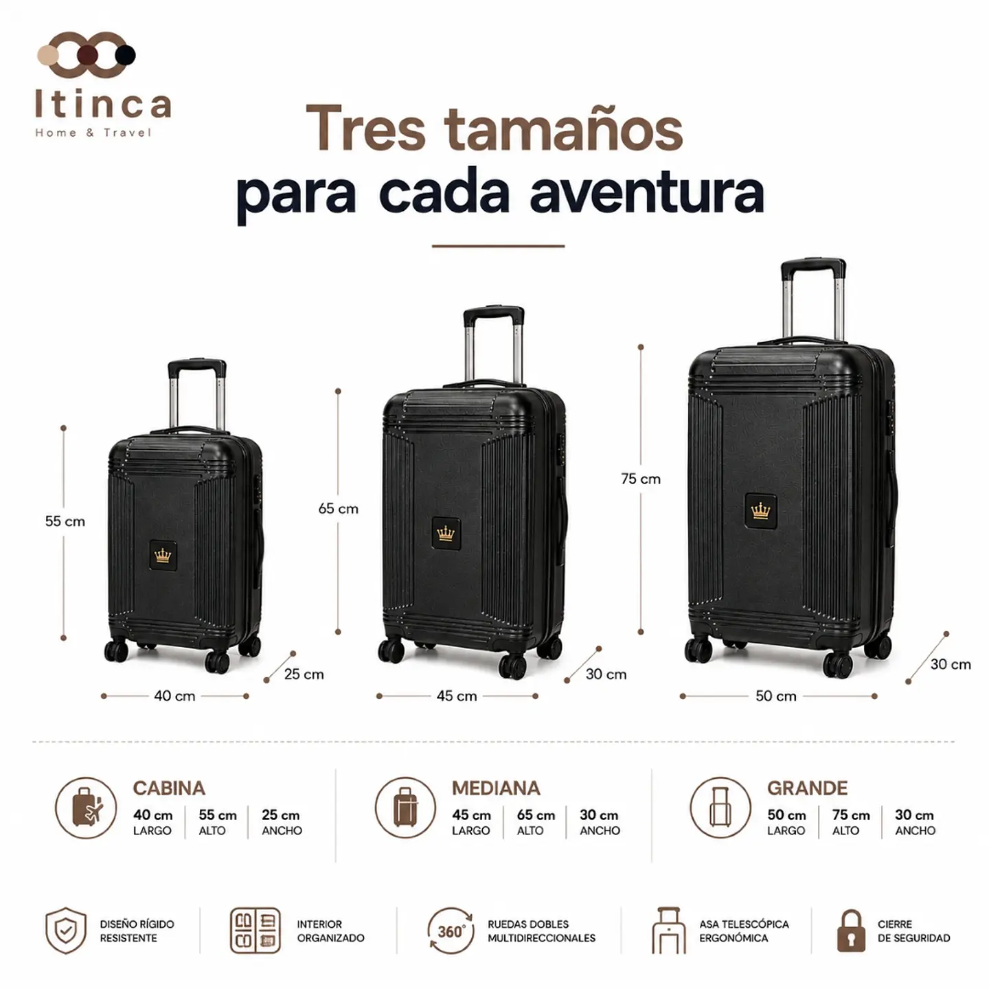 Maleta de Viaje Tres Cruces PP TSA | Cabina 10 kg, Mediana 20 kg y Grande 23 kg 6