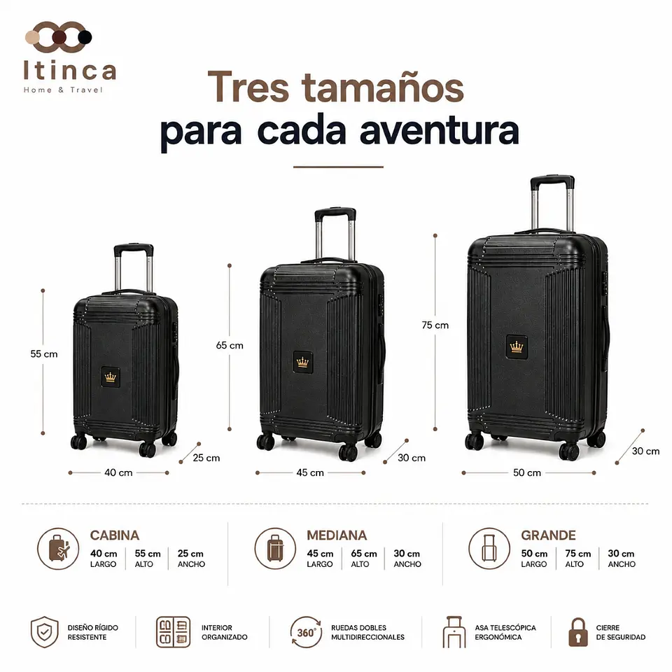 Maleta de Viaje Tres Cruces PP TSA | Cabina 10 kg, Mediana 20 kg y Grande 23 kg 6