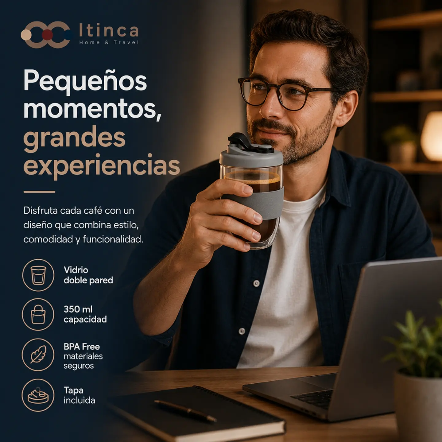 Taza Mug Café Doble Pared Vidrio Borosilicato Java 350ml 7