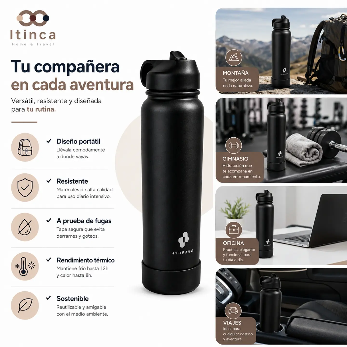 Termo Botella de Agua Hydra Go - Negra 5