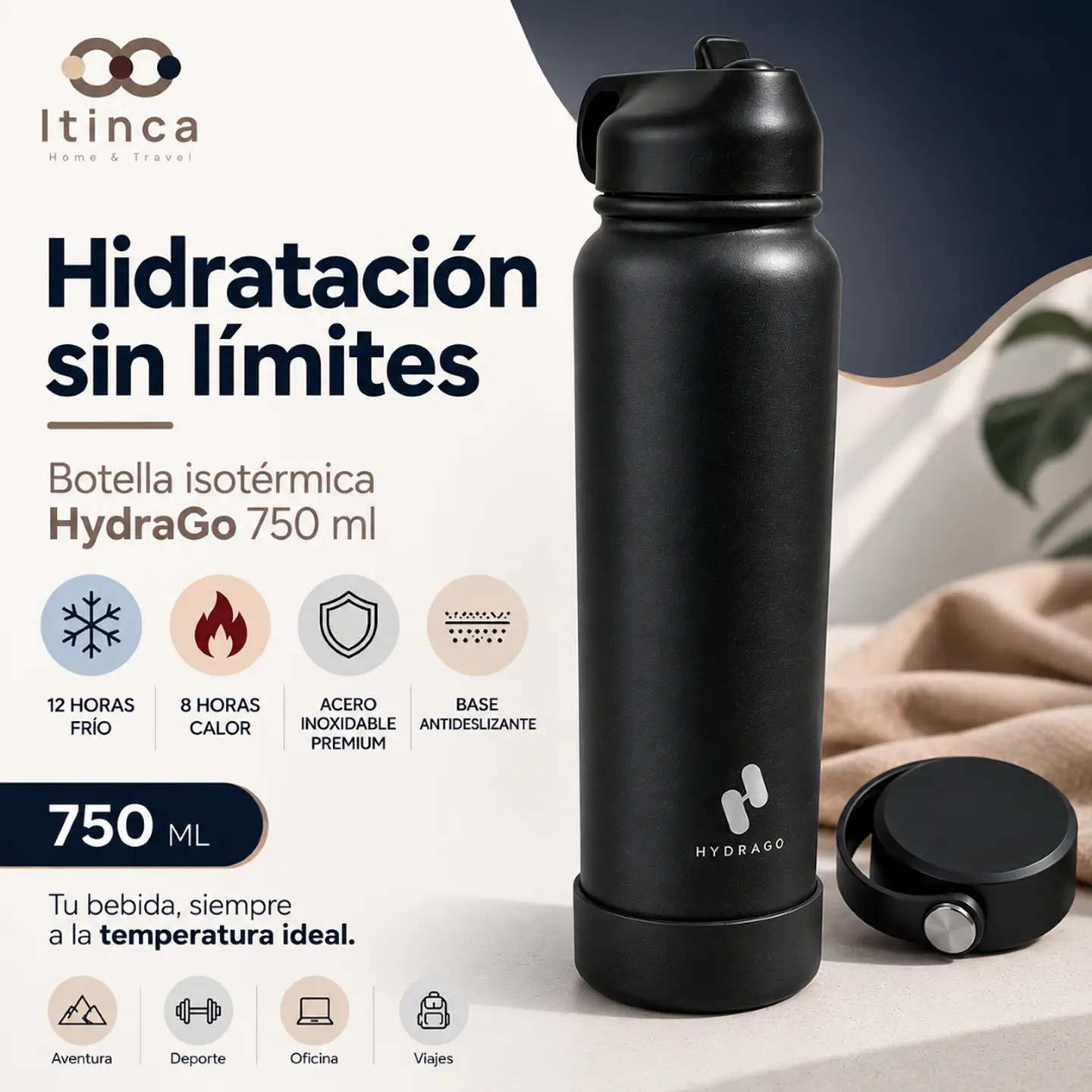 Termo Botella de Agua Hydra Go - Negra 2