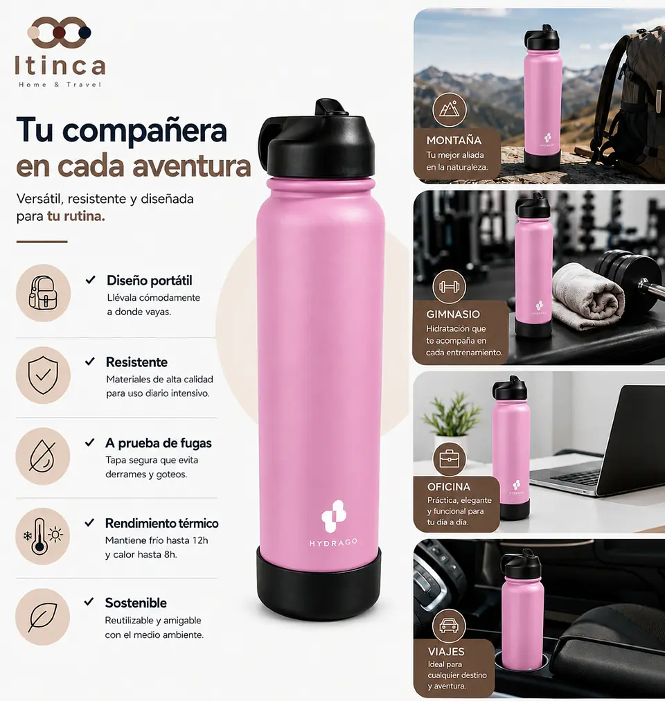 Termo Botella de Agua Hydra Go - Rosa 5