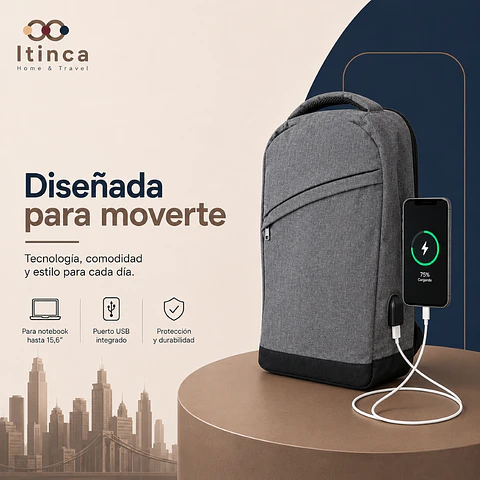 Mochila Notebook Hombre Mujer Tahg Duomo Tech 17l Color Gris