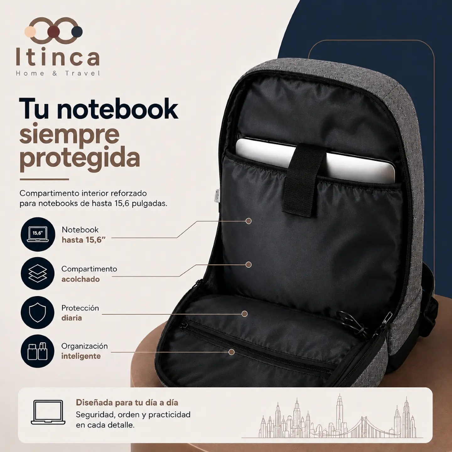 Mochila Notebook Hombre Mujer Tahg Duomo Tech 17l Color Gris 3