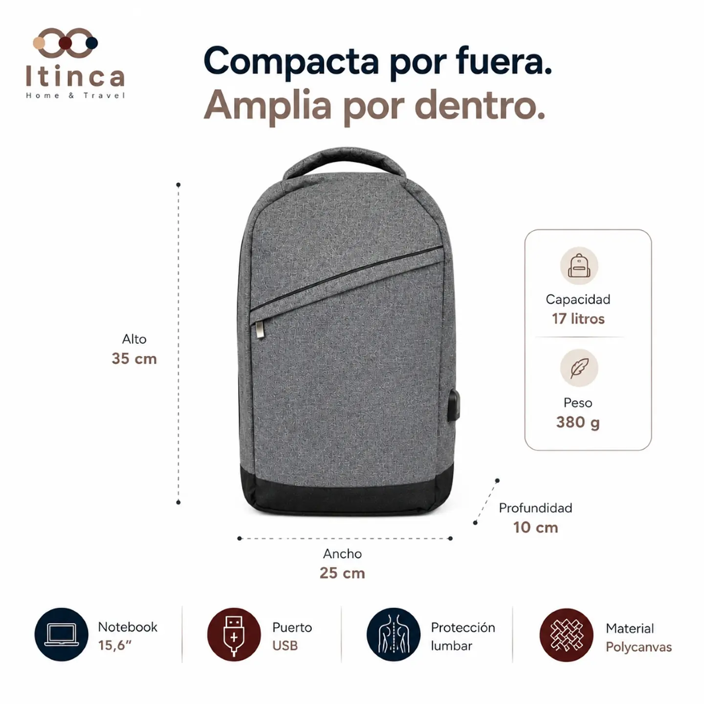 Mochila Notebook Hombre Mujer Tahg Duomo Tech 17l Color Gris 5