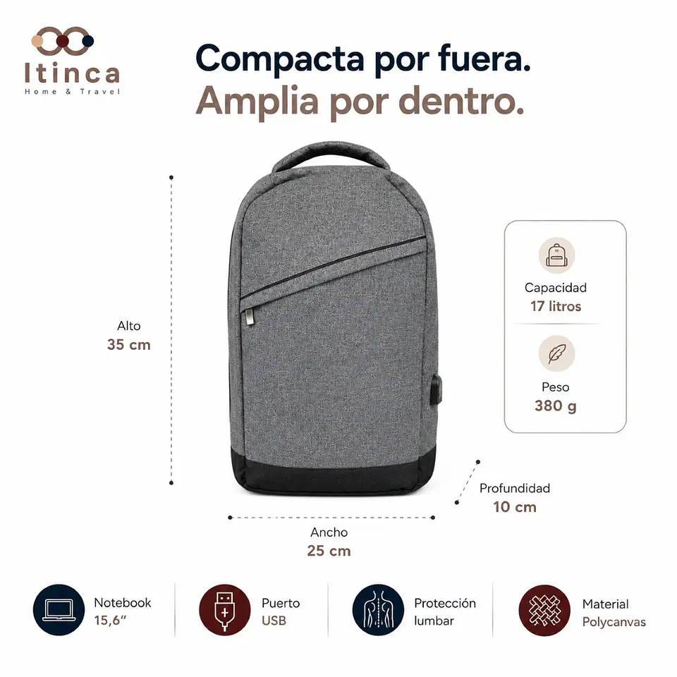 Mochila Notebook Hombre Mujer Tahg Duomo Tech 17l Color Gris 5