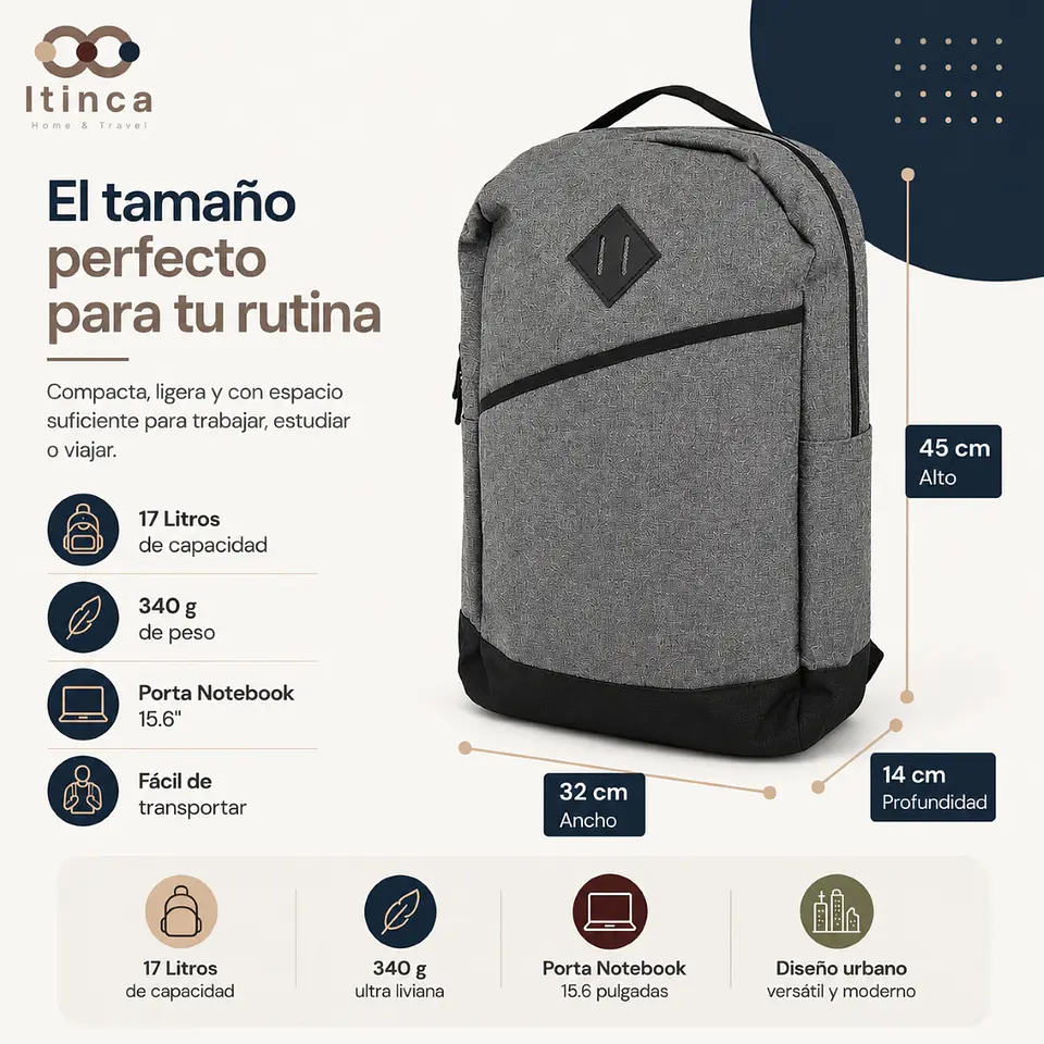 Mochila Notebook Unisex Tahg Duomo 17L Color Gris 5