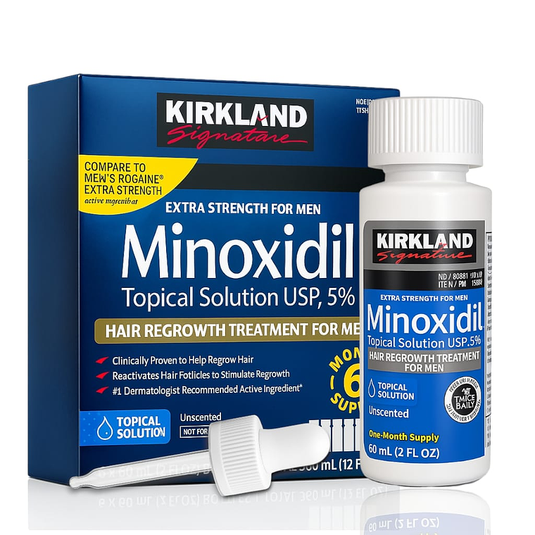 Minoxidil Kirkland + Dermarroller Crecimiento de Barba y Cabello tratamiento 1 Mes 60 ML 10