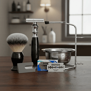 Kit Afeitar Clásico Con Taza + Hisopo + Rastrillo Doble Filo Inoxidable