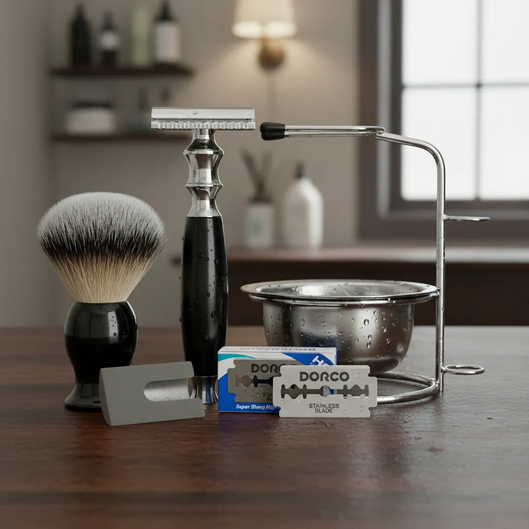 Kit Afeitar Clásico Con Taza + Hisopo + Rastrillo Doble Filo Inoxidable 1