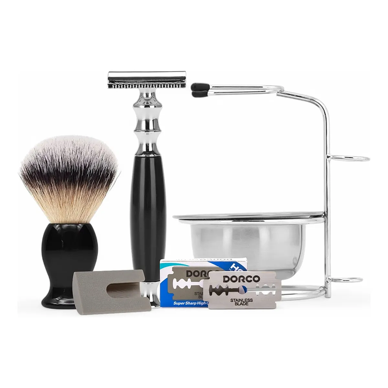 Kit Afeitar Clásico Con Taza + Hisopo + Rastrillo Doble Filo Inoxidable 3