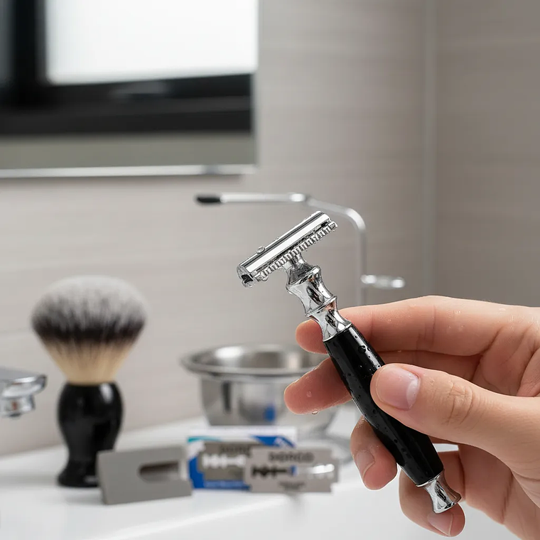 Kit Afeitar Clásico Con Taza + Hisopo + Rastrillo Doble Filo Inoxidable 8