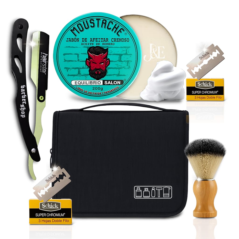 Kit Barba Hombre Navaja Afeitar Cuchillas Jabon Hisopo Bolso 1
