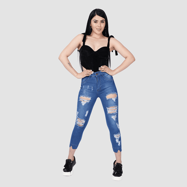 Jeans Capri de Mujer Azul Medio Roto 1