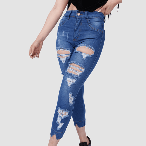 Jeans Capri de Mujer Azul Medio Roto