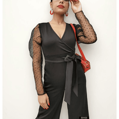 Enterizo de Moda con Manga de Puntos y Bolsillos