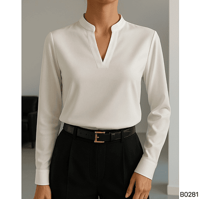Blusa de Moda Con Cuello Alto en V y Manga Larga 