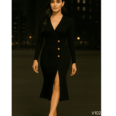 Vestido Elegante con Abertura y Botones Dorados