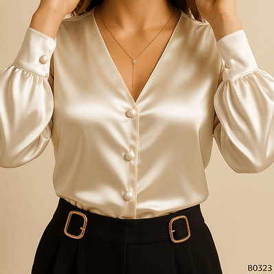 Blusa Satinada con Botones y Puño Decorativo