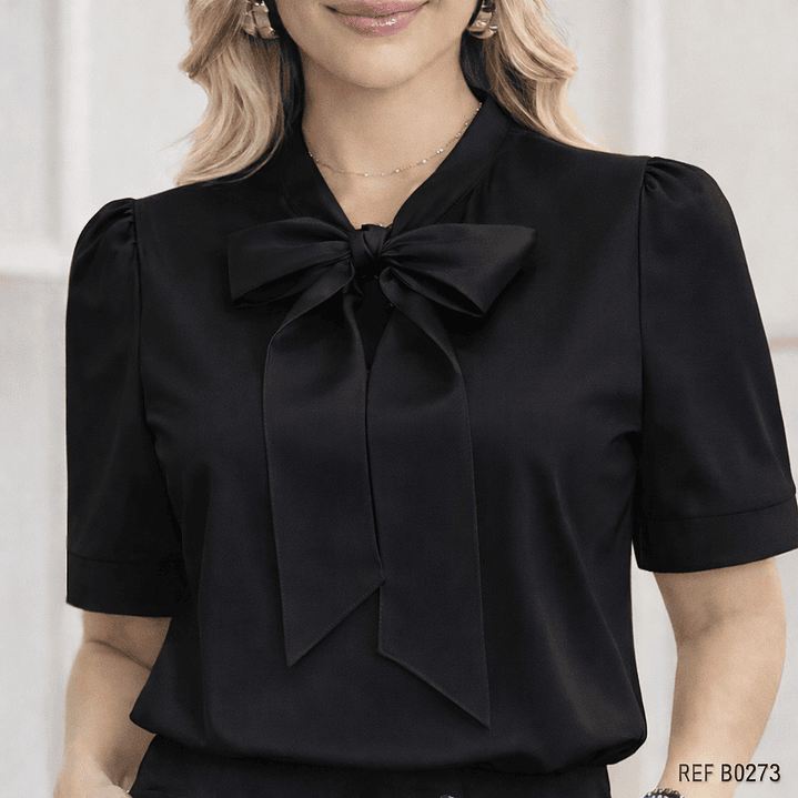 Blusa de moda nudo en el cuello manga corta 6