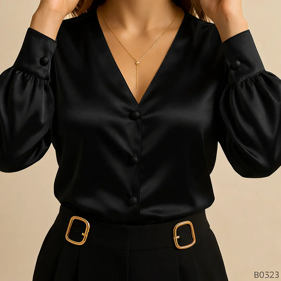 Blusa Satinada con Botones y Puño Decorativo 2