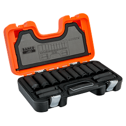 Juego de vasos de impacto de serie larga fosfatados con cuadrado de 1/2" y con perfil hexagonal métrico: 14 piezas, Bahco