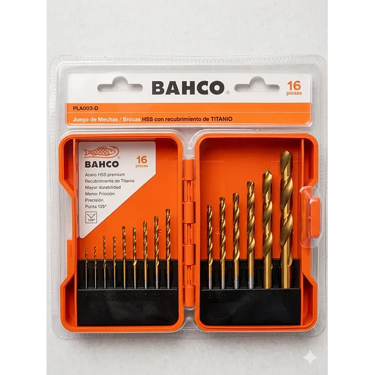 JUEGO DE BROCAS HSS C/RECUBRIMIENTO TITANIO 16PZAS BAHCO
