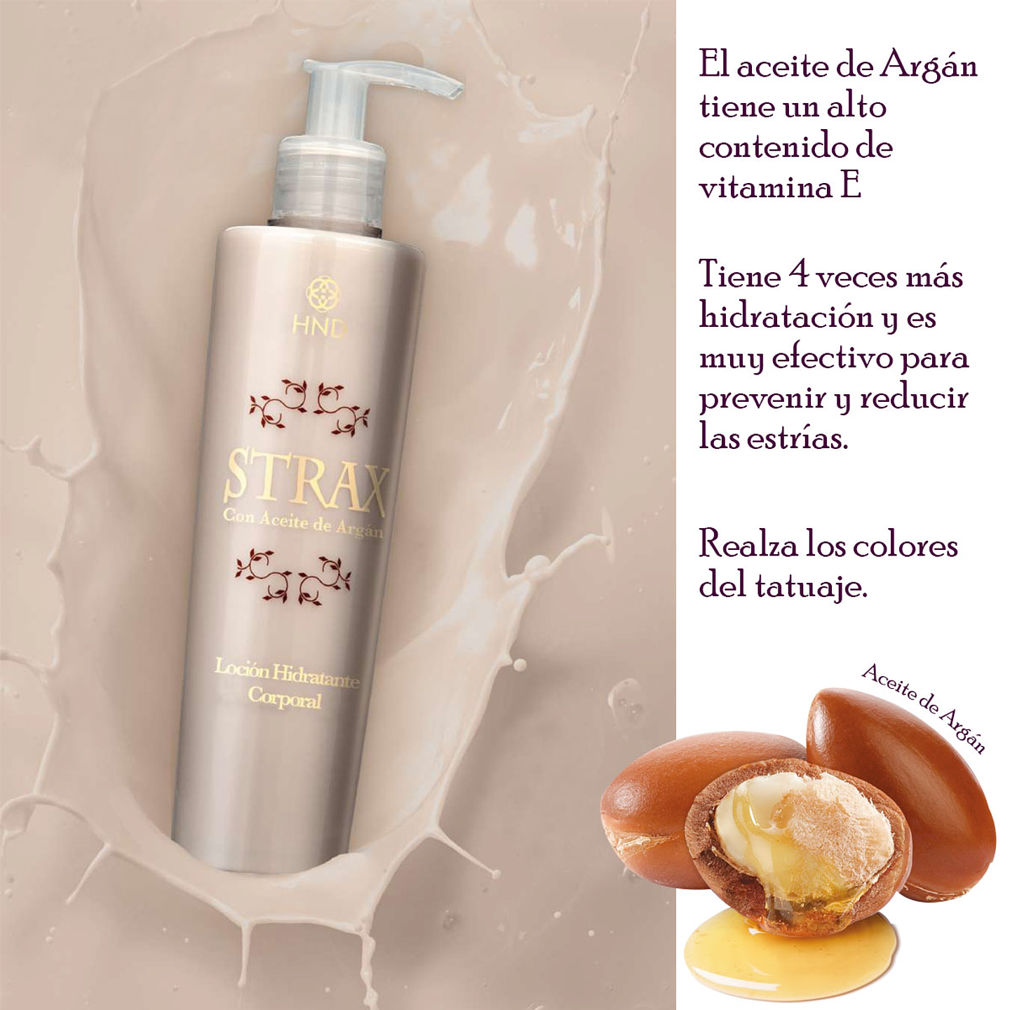Strax Loción Hidratante Corporal Hinode HND Mujer Disminuye Estrías Argán Crema 3