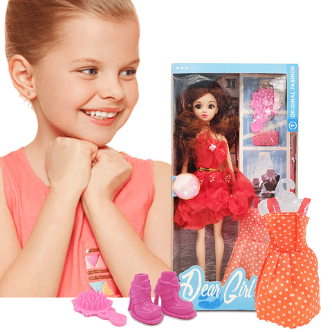 Muñeca Articulada Vestido Rojo Dear Girl Juguete Niñas