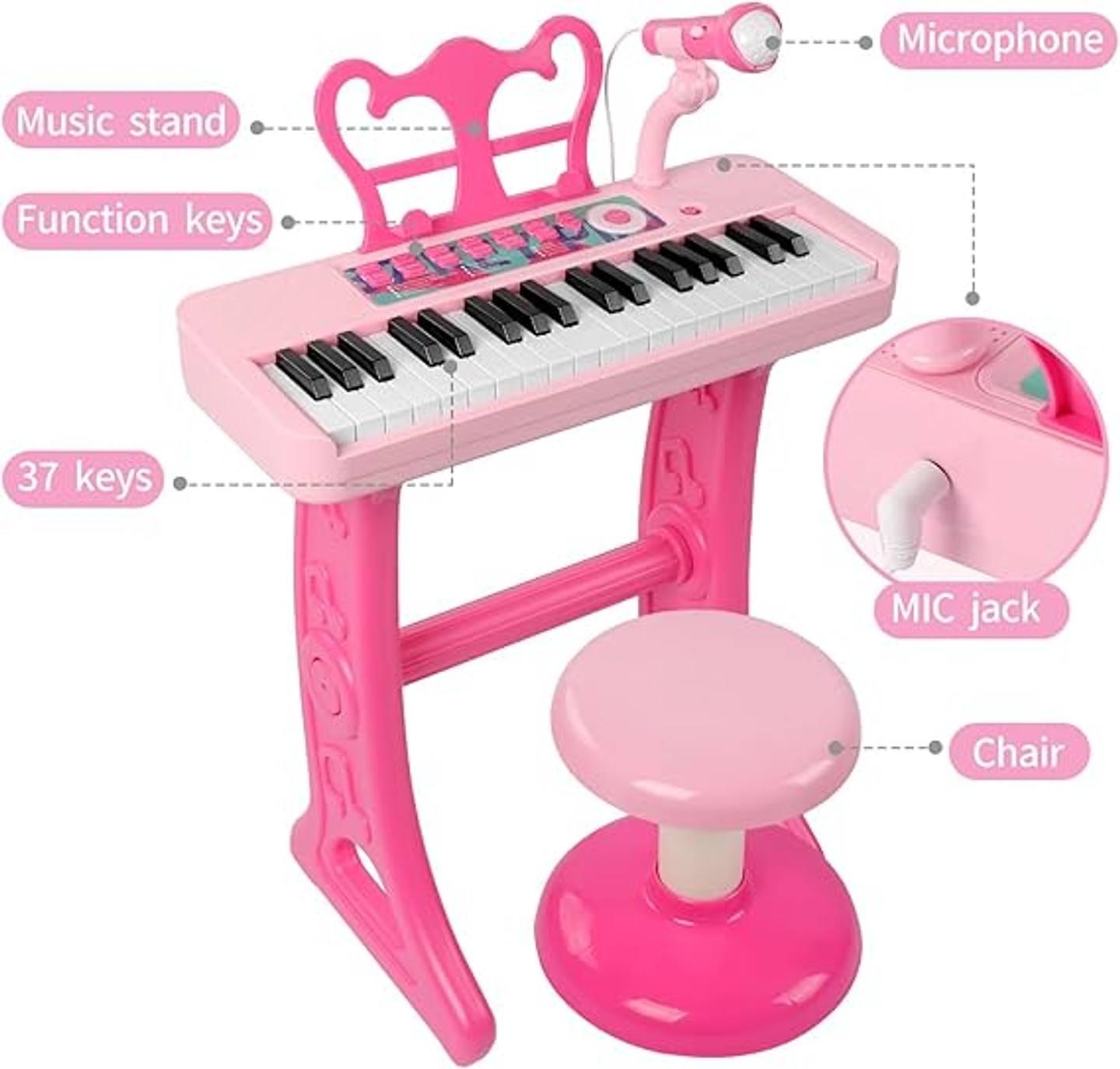 Piano musical rosa niños pequeños con micrófono y taburete 3