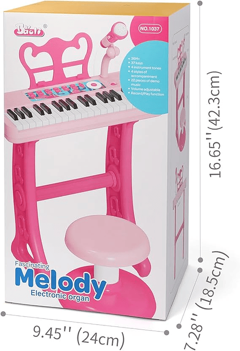 Piano musical rosa niños pequeños con micrófono y taburete