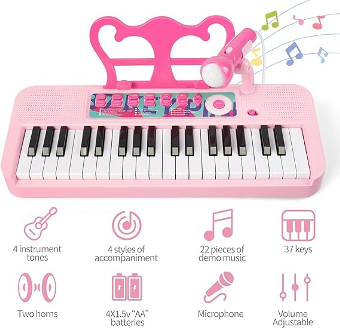 Piano musical rosa niños pequeños con micrófono y taburete 5