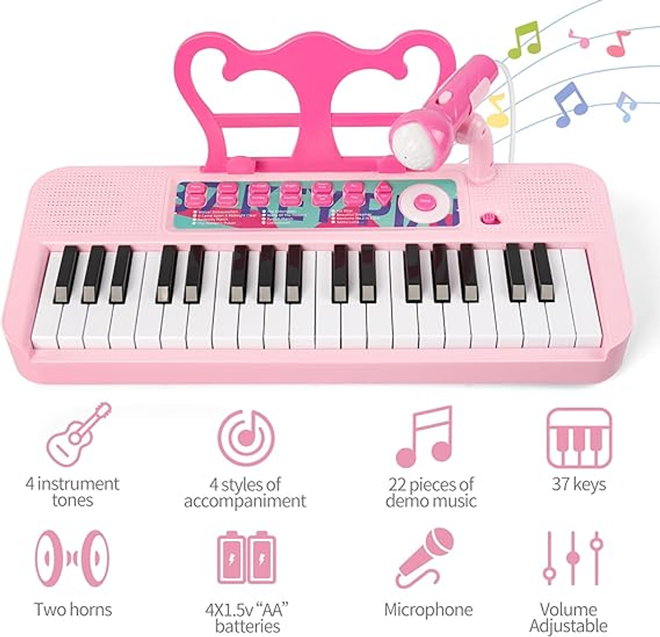 Piano musical rosa niños pequeños con micrófono y taburete 5