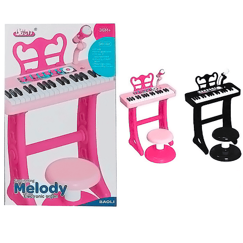 Piano musical rosa niños pequeños con micrófono y taburete
