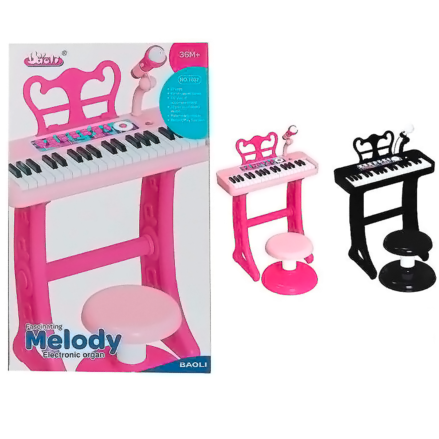 Piano musical rosa niños pequeños con micrófono y taburete 1