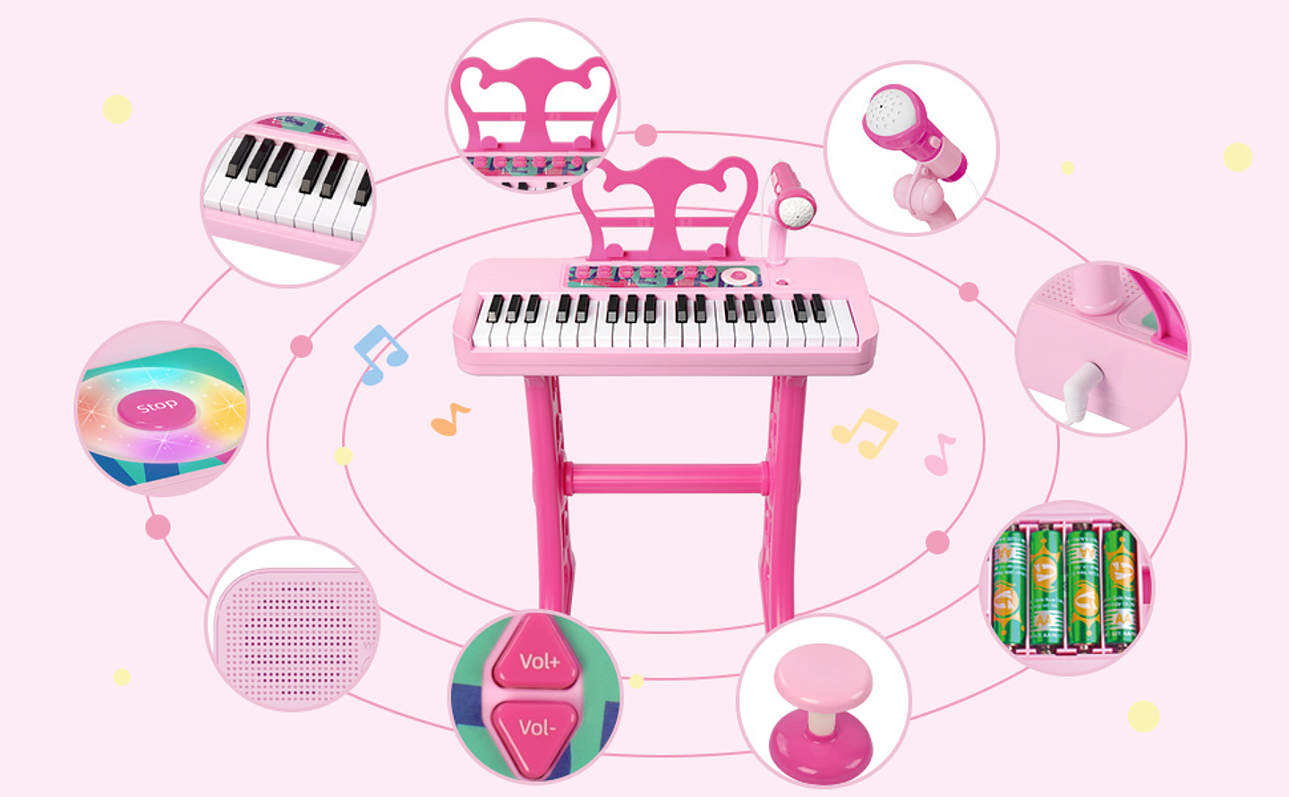 Piano musical rosa niños pequeños con micrófono y taburete 7